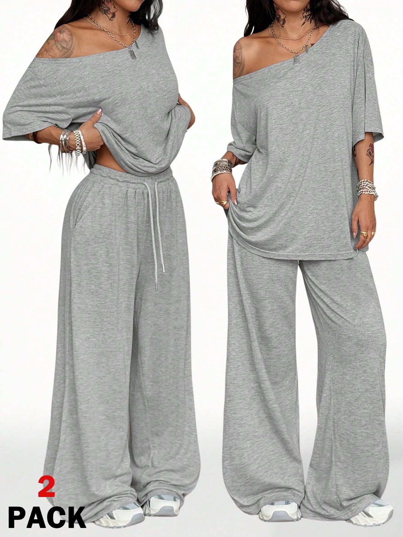 Casual Solid Color Wide Leg Pants Pant Co-ord Set In Polyester Featuring Printing, 2 Pieces Set