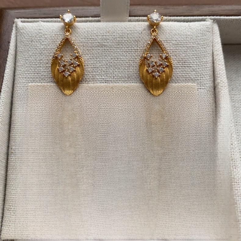 Leaf Drop Earrings For Women With 925 Sterling Silver Posts, Copper Base, And Golden Plated Electroplated Finish Featuring Rhinestones