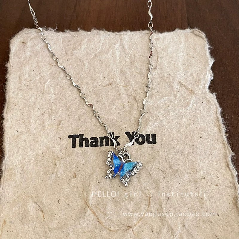 Blue Butterfly Double Layer Necklace For Women With Copper Chain And Pendant, Electroplated Finish
