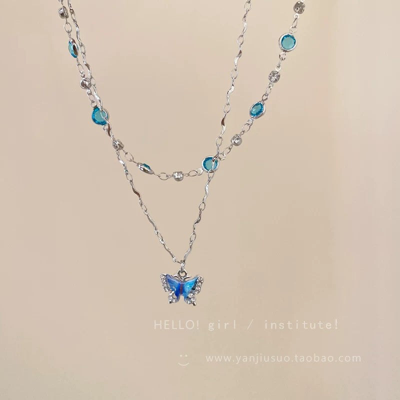 Blue Butterfly Double Layer Necklace For Women With Copper Chain And Pendant, Electroplated Finish