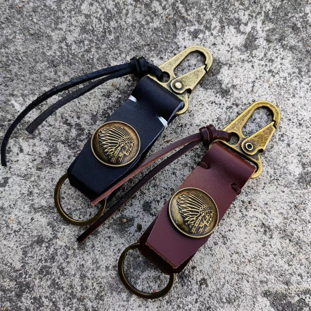 Handmade Brown Totem Key Chain In Genuine Leather Featuring Retro Style