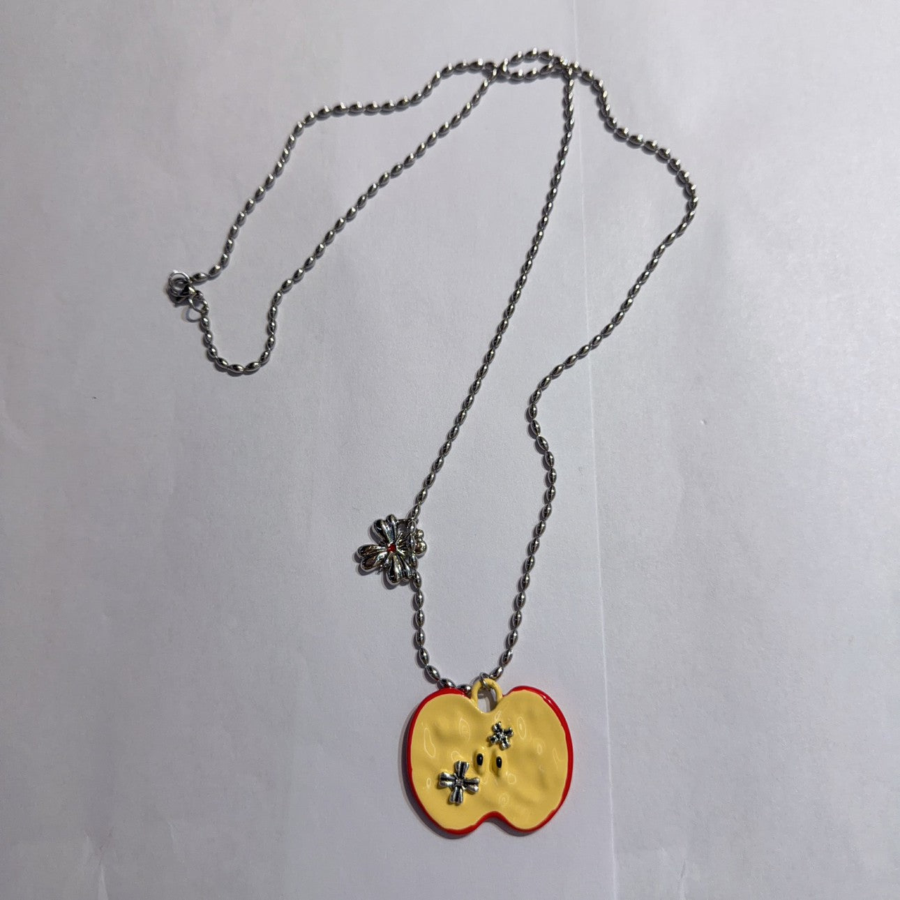 Apple Cartoon Style Sweater Chain Necklace For Women In Silver With Titanium Steel And Alloy Pendant Featuring Artificial Pearl Inlay