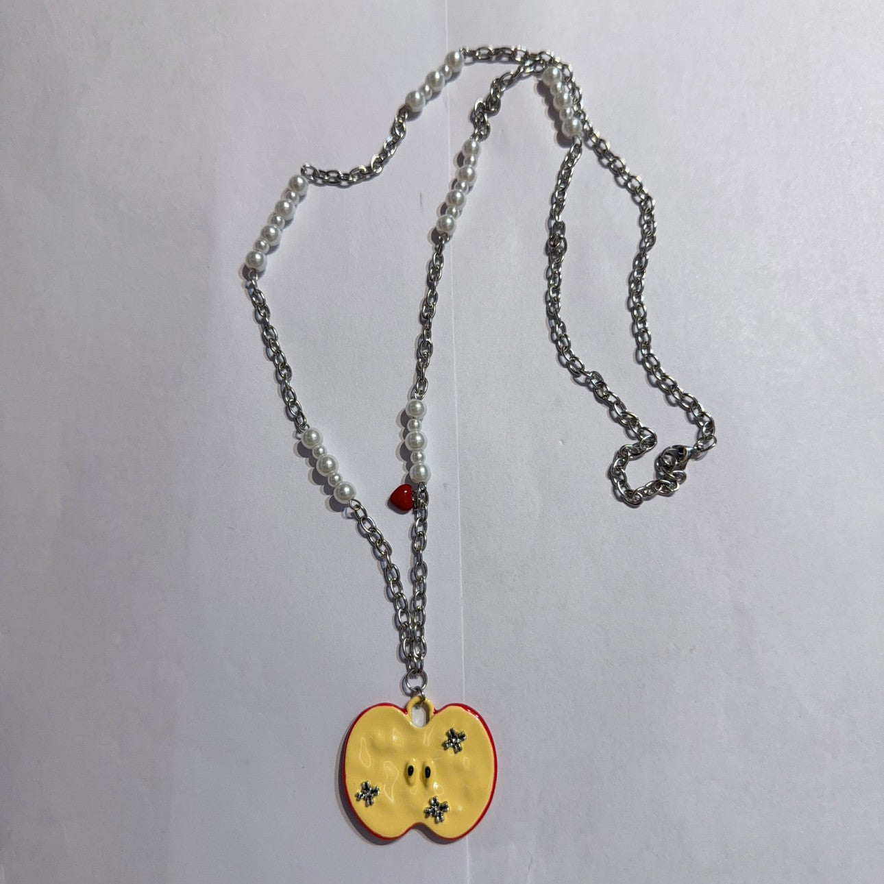 Apple Cartoon Style Sweater Chain Necklace For Women In Silver With Titanium Steel And Alloy Pendant Featuring Artificial Pearl Inlay