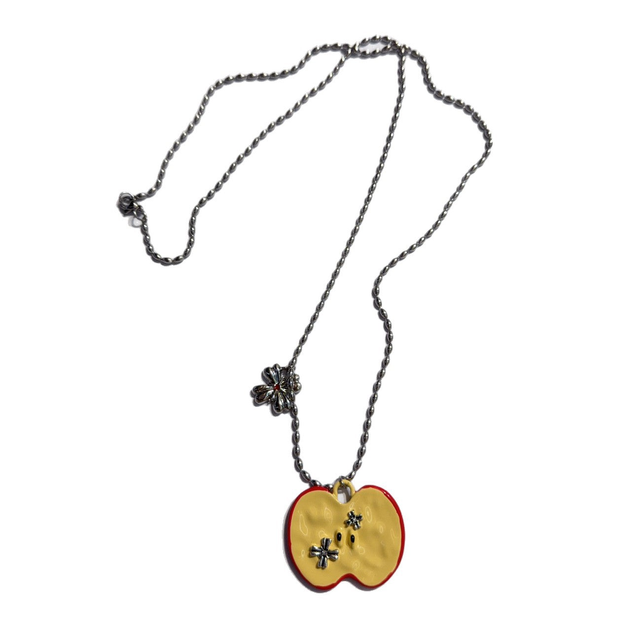 Apple Cartoon Style Sweater Chain Necklace For Women In Silver With Titanium Steel And Alloy Pendant Featuring Artificial Pearl Inlay