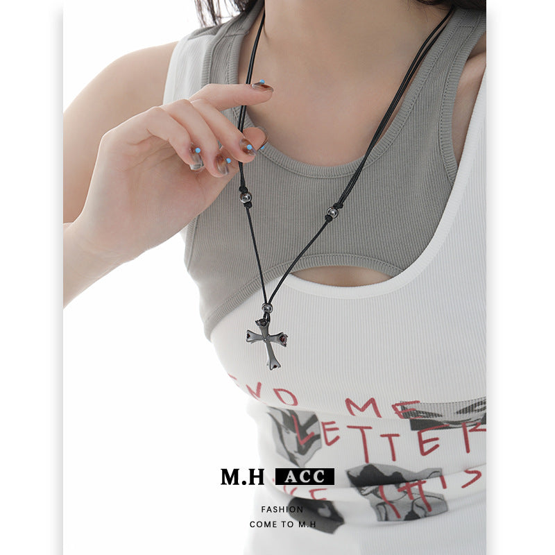 Cross Braid Sweater Chain Necklace In Dyed Black Alloy With Twisted Rope Chain, Designed For Women