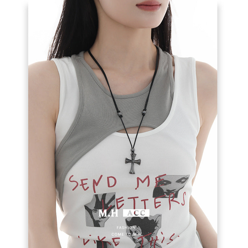Cross Braid Sweater Chain Necklace In Dyed Black Alloy With Twisted Rope Chain, Designed For Women