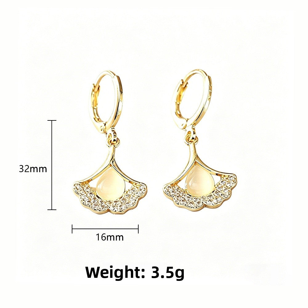 Sweet Ginkgo Leaf Earrings For Women In Real Gold Plated Copper With Cat's Eye Stone Inlay