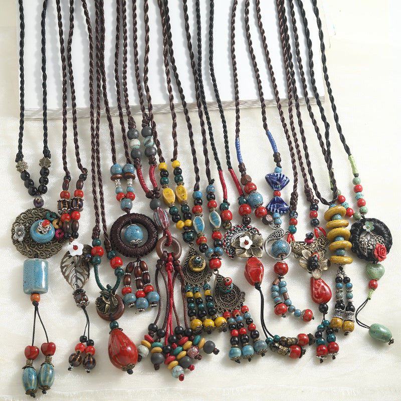 Ethnic Style Ceramic Animal Braid Sweater Chain Necklace For Women With Woven Chain