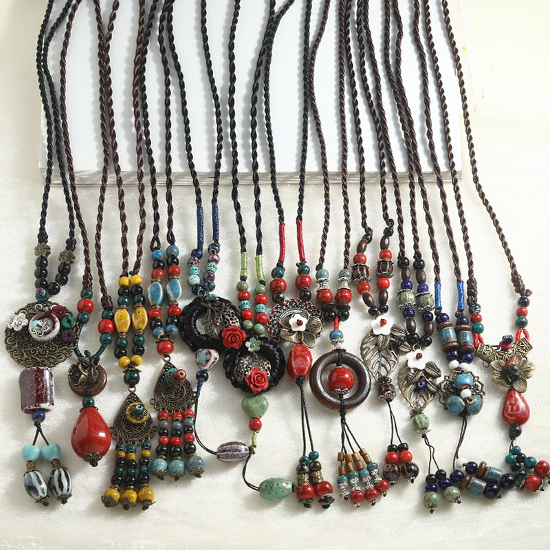 Ethnic Style Ceramic Animal Braid Sweater Chain Necklace For Women With Woven Chain
