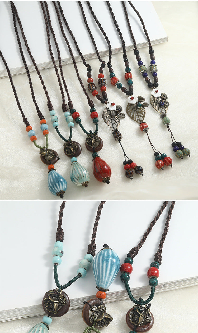 Ethnic Style Ceramic Animal Braid Sweater Chain Necklace For Women With Woven Chain