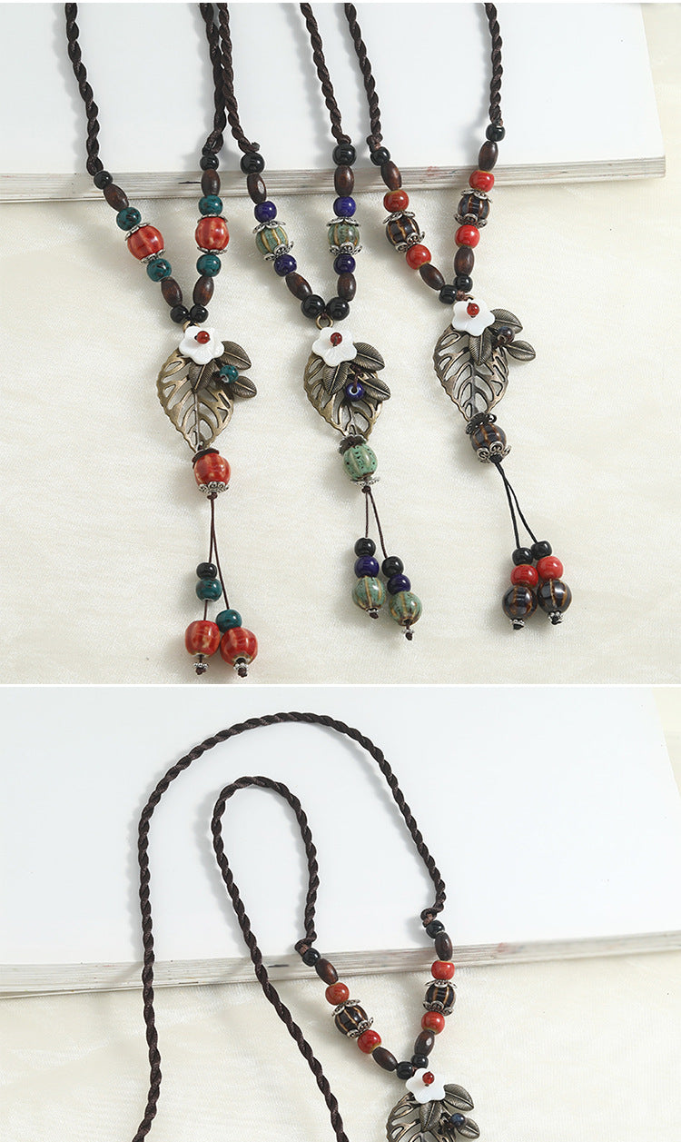Ethnic Style Ceramic Animal Braid Sweater Chain Necklace For Women With Woven Chain