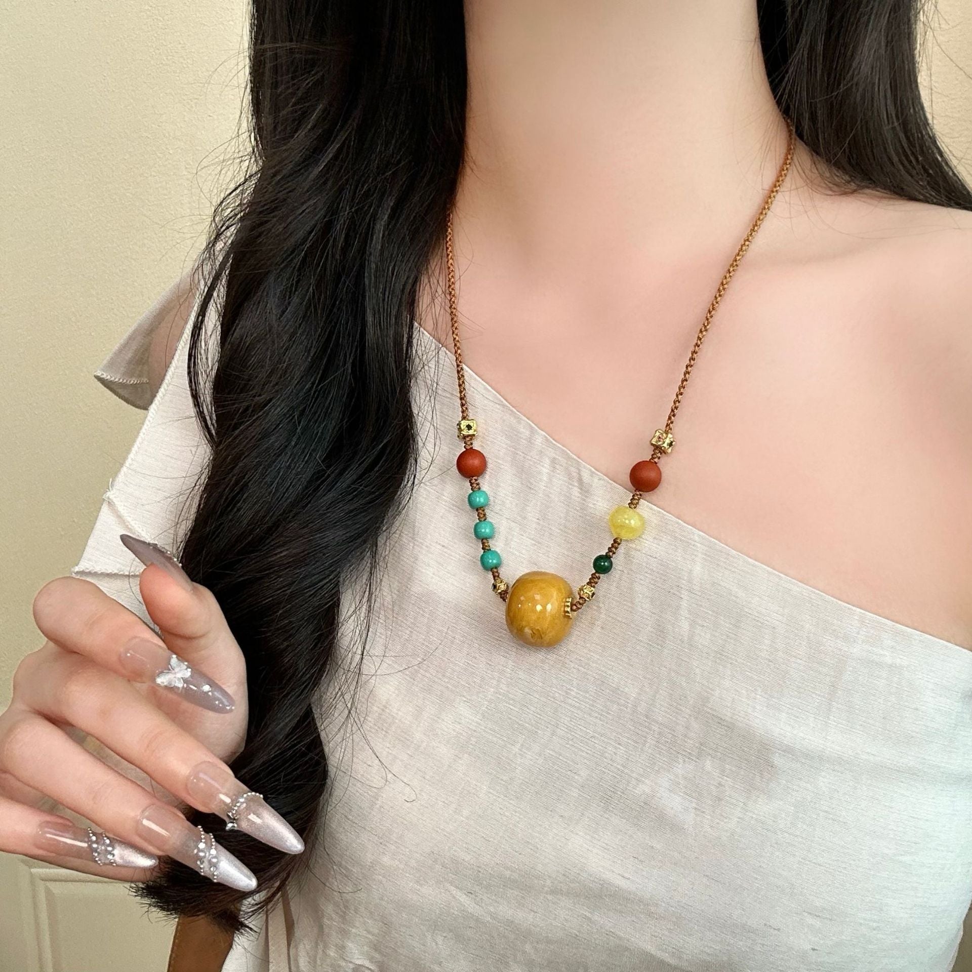 Ethnic Style Pendant Necklace With Beading Craft And Rope Beaded Chain, Unisex Colour Beading Material