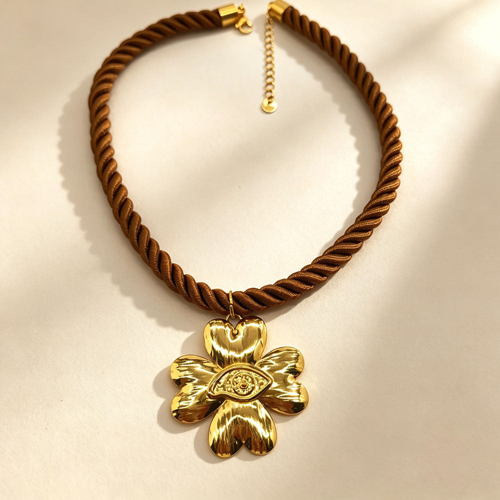 Flowers Braid Pendant Necklace For Women In 304 Stainless Steel With Real Gold Plated Twisted Rope Chain