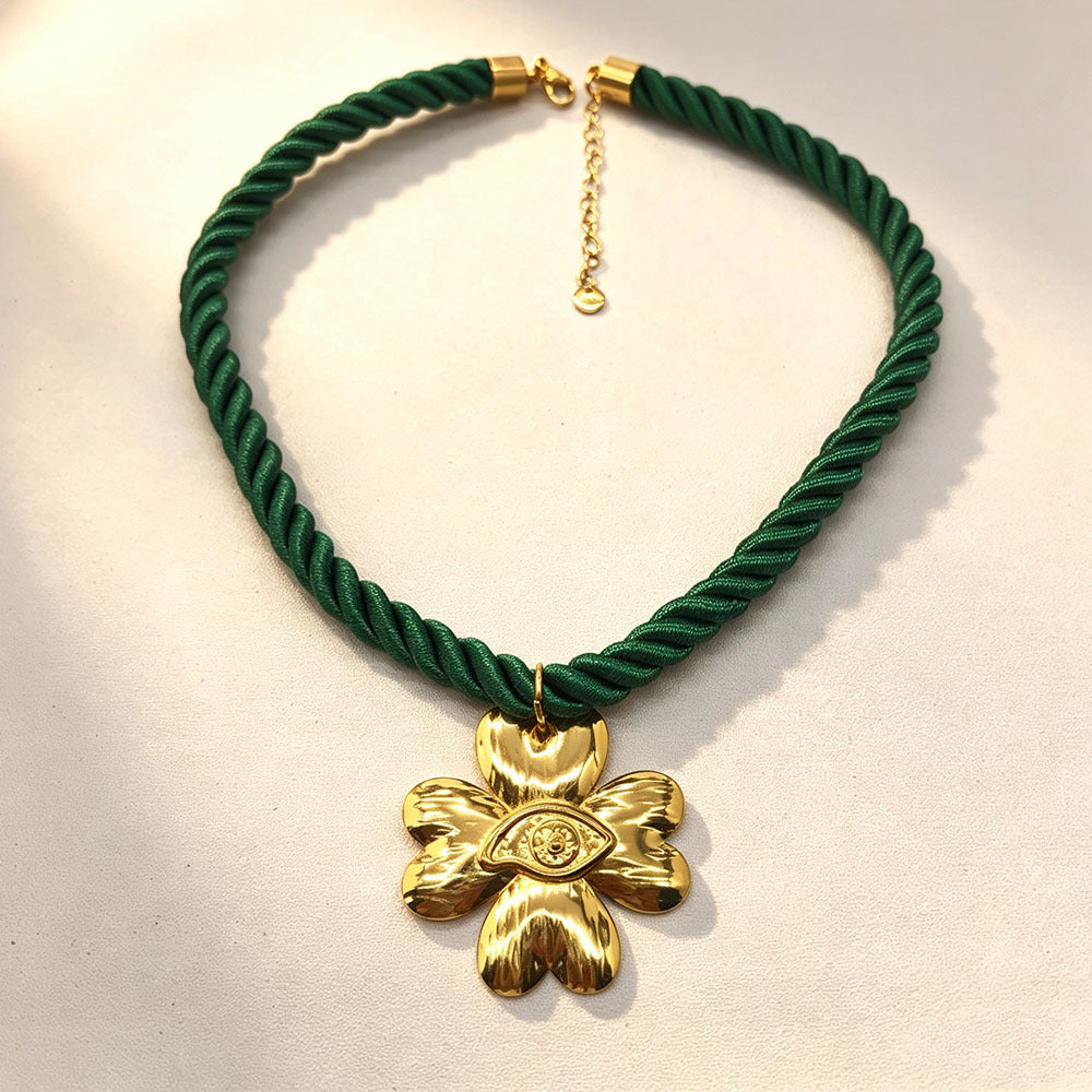 Flowers Braid Pendant Necklace For Women In 304 Stainless Steel With Real Gold Plated Twisted Rope Chain