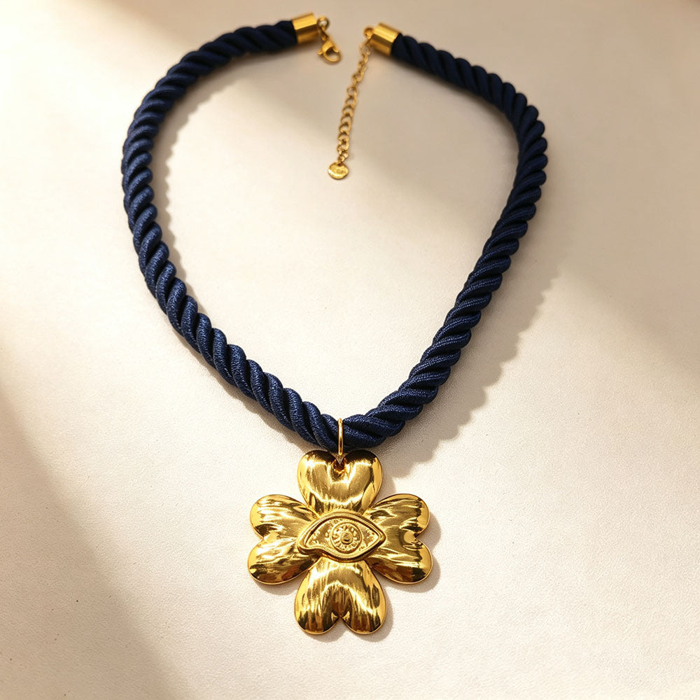 Flowers Braid Pendant Necklace For Women In 304 Stainless Steel With Real Gold Plated Twisted Rope Chain