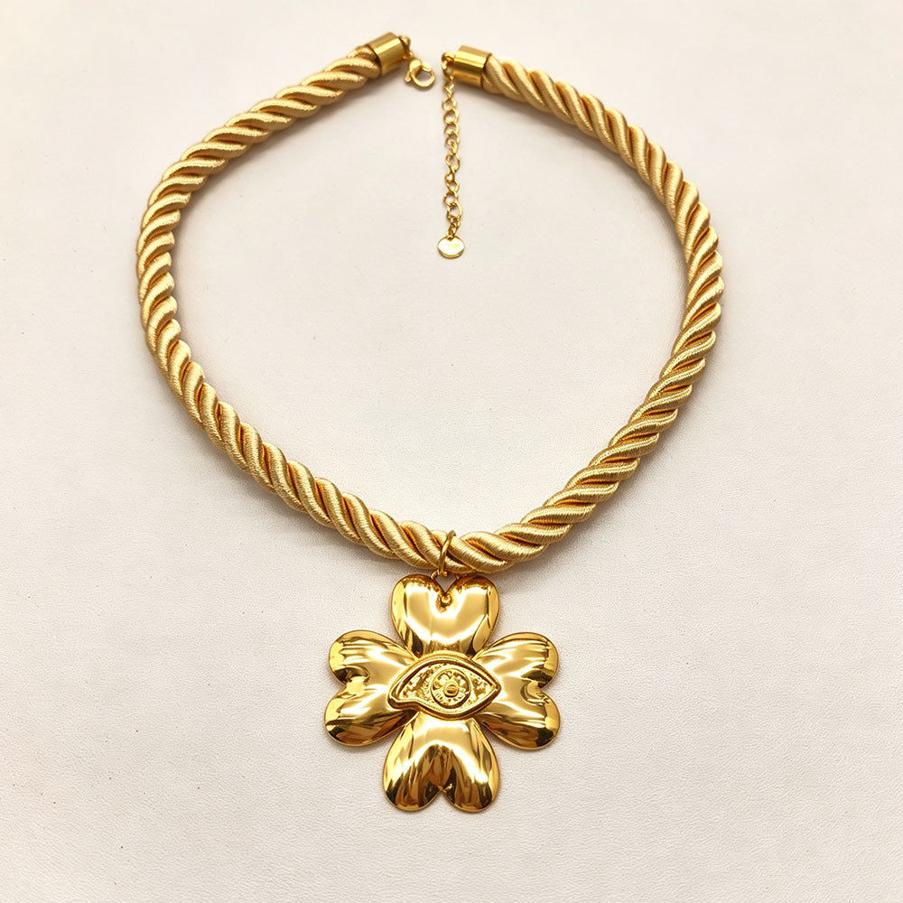 Flowers Braid Pendant Necklace For Women In 304 Stainless Steel With Real Gold Plated Twisted Rope Chain