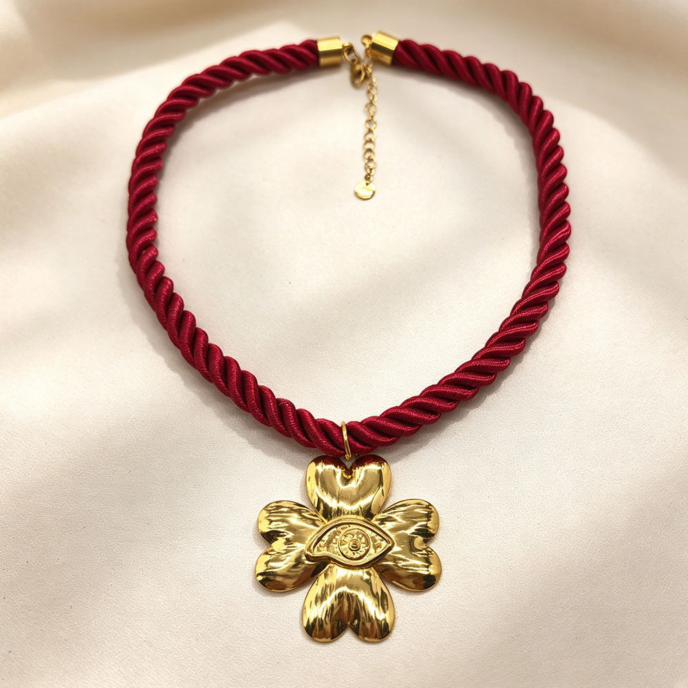 Flowers Braid Pendant Necklace For Women In 304 Stainless Steel With Real Gold Plated Twisted Rope Chain