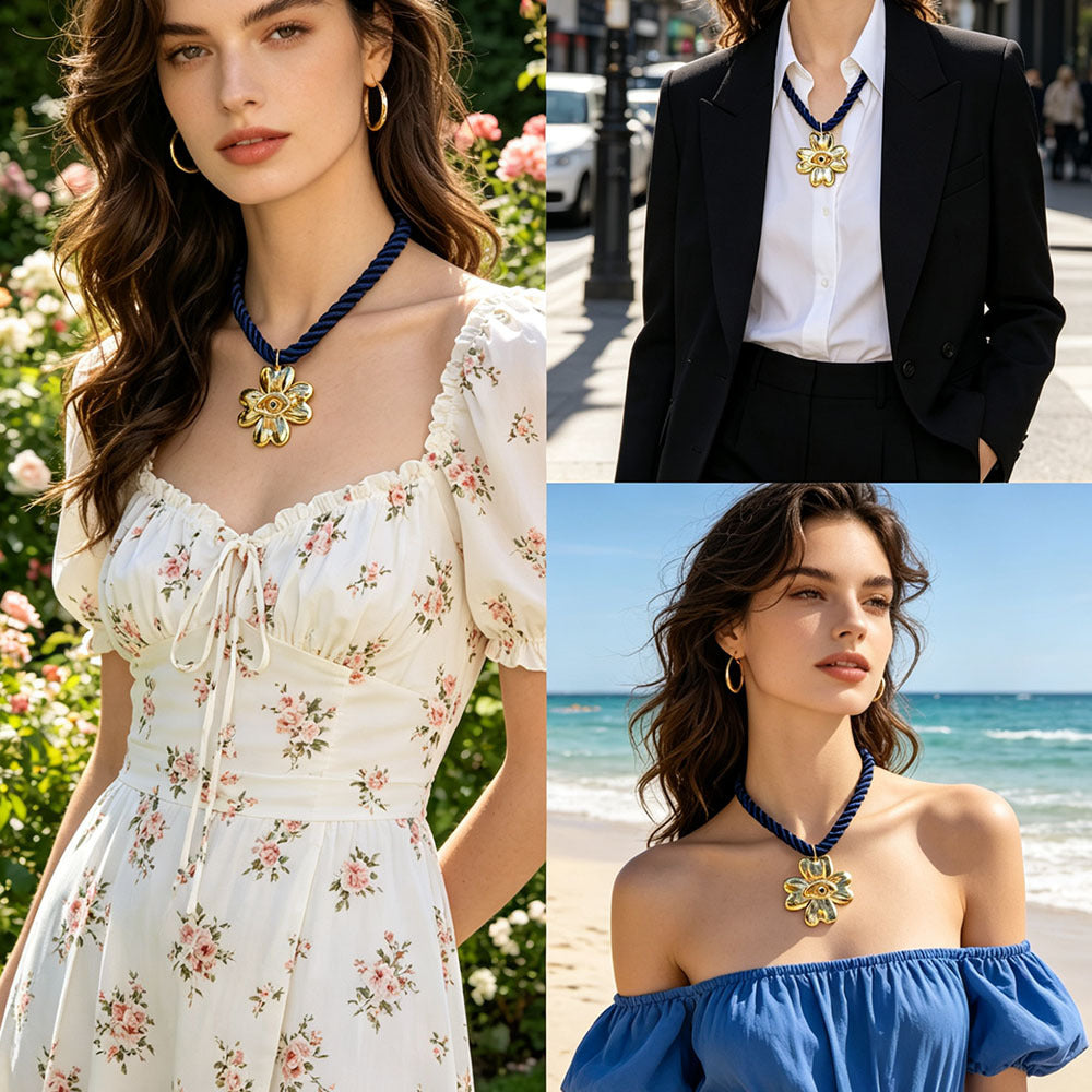 Flowers Braid Pendant Necklace For Women In 304 Stainless Steel With Real Gold Plated Twisted Rope Chain