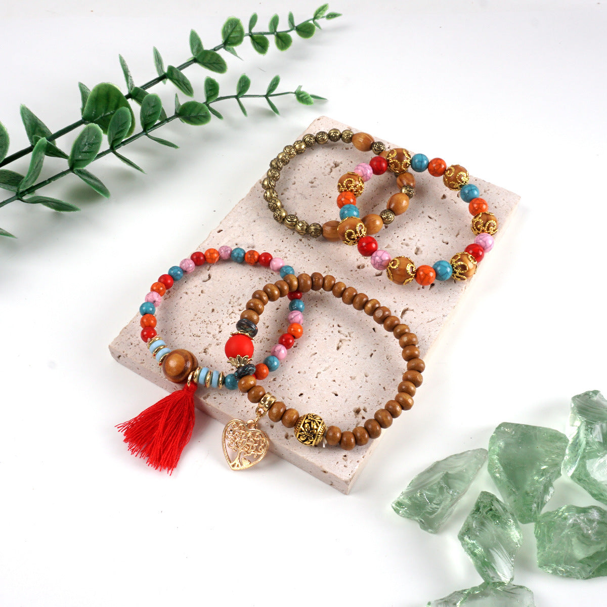 Bohemian Heart Shape Wooden Beads Bracelet In White, Unisex Beaded Jewelry Accessory