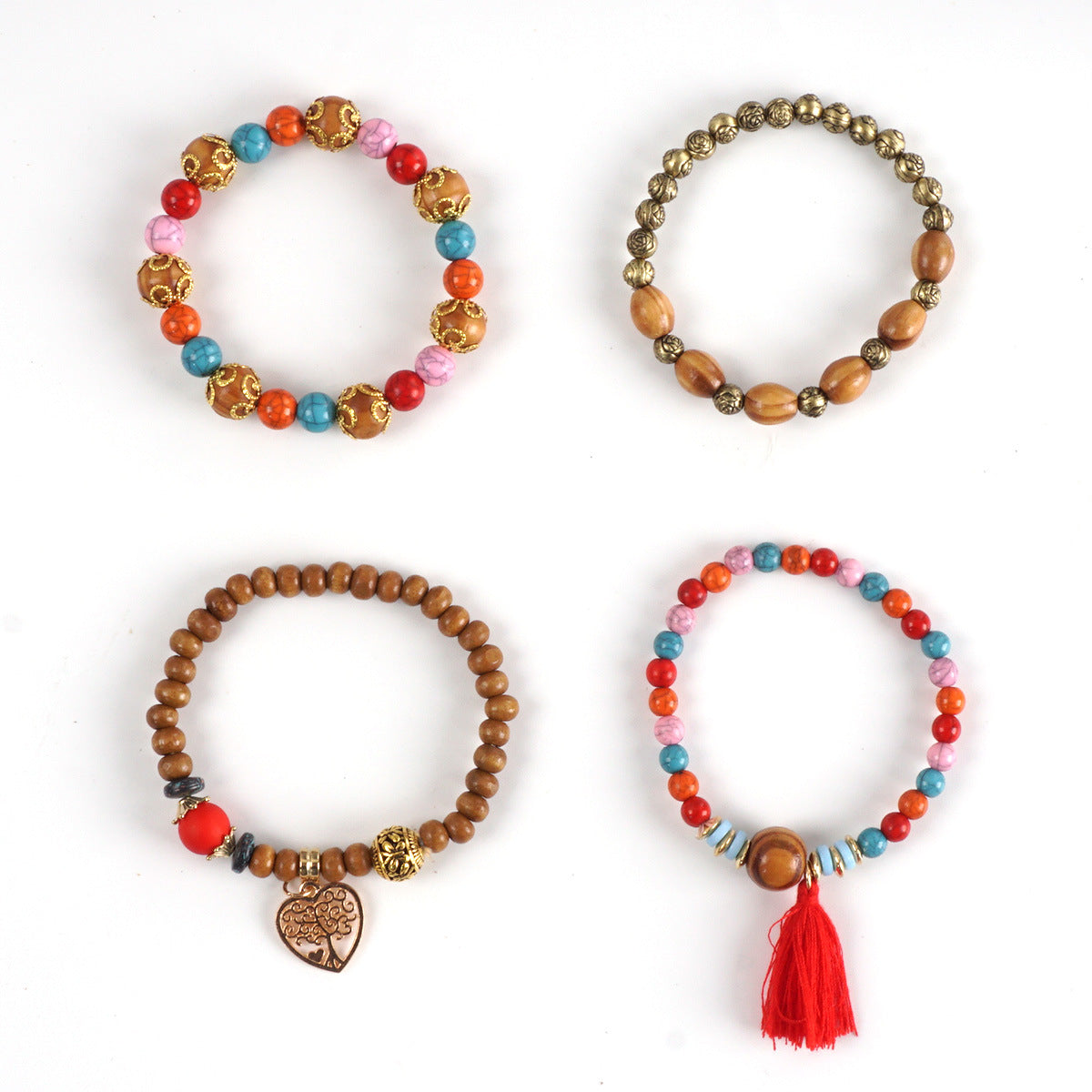 Bohemian Heart Shape Wooden Beads Bracelet In White, Unisex Beaded Jewelry Accessory