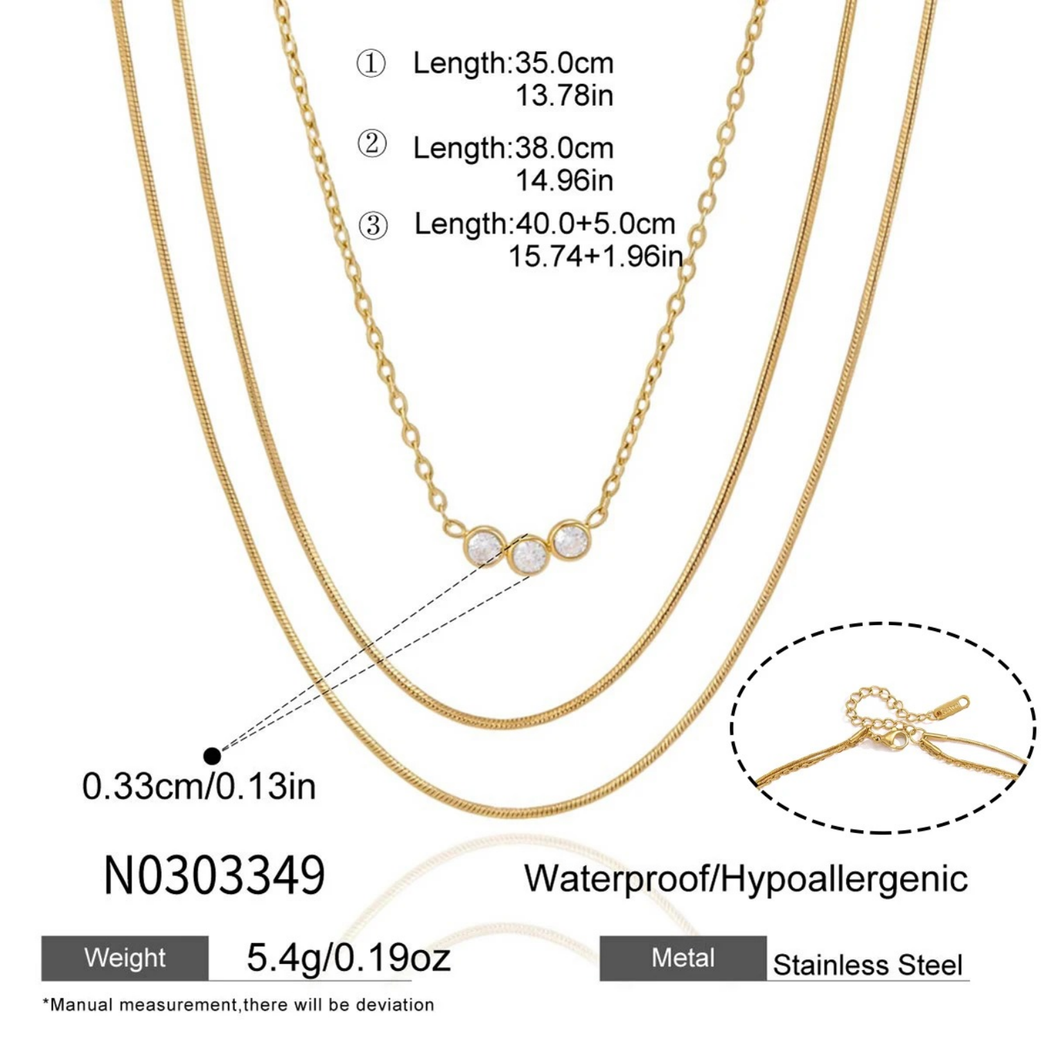 Geometric Hypoallergenic Necklace For Women, 18K Gold Plated 304 Stainless Steel With Zircon And Handmade Chain