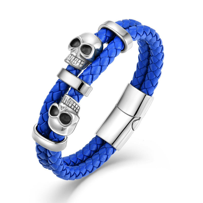 Handmade Halloween Skull Bracelet For Men In Simple Style, Featuring Steel Color PU Leather With Rope Chain Material