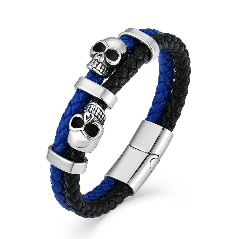Handmade Halloween Skull Bracelet For Men In Simple Style, Featuring Steel Color PU Leather With Rope Chain Material