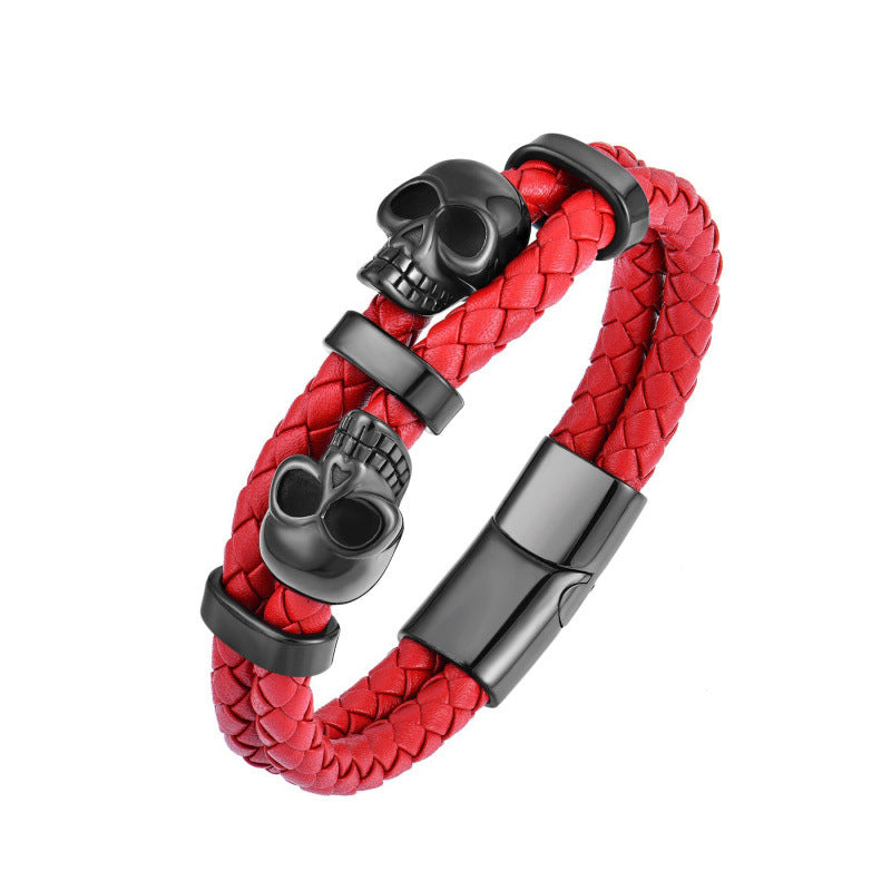 Handmade Halloween Skull Bracelet For Men In Simple Style, Featuring Steel Color PU Leather With Rope Chain Material