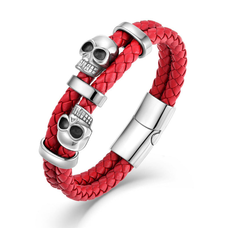 Handmade Halloween Skull Bracelet For Men In Simple Style, Featuring Steel Color PU Leather With Rope Chain Material