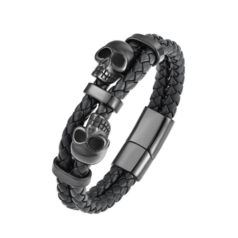 Handmade Halloween Skull Bracelet For Men In Simple Style, Featuring Steel Color PU Leather With Rope Chain Material