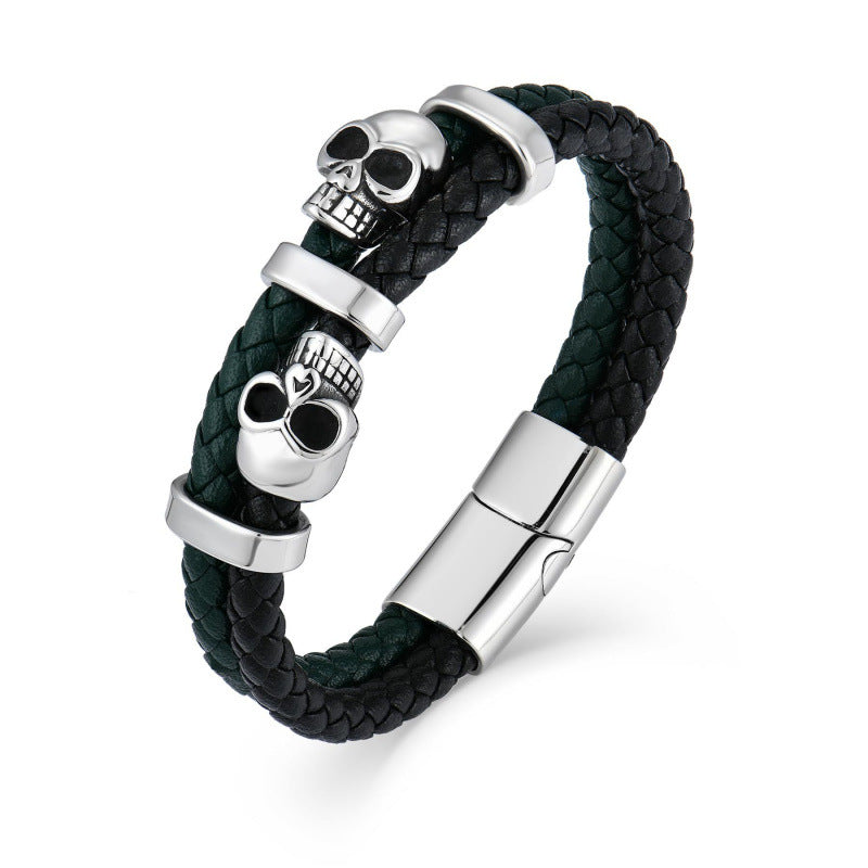 Handmade Halloween Skull Bracelet For Men In Simple Style, Featuring Steel Color PU Leather With Rope Chain Material