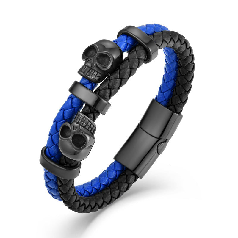 Handmade Halloween Skull Bracelet For Men In Simple Style, Featuring Steel Color PU Leather With Rope Chain Material