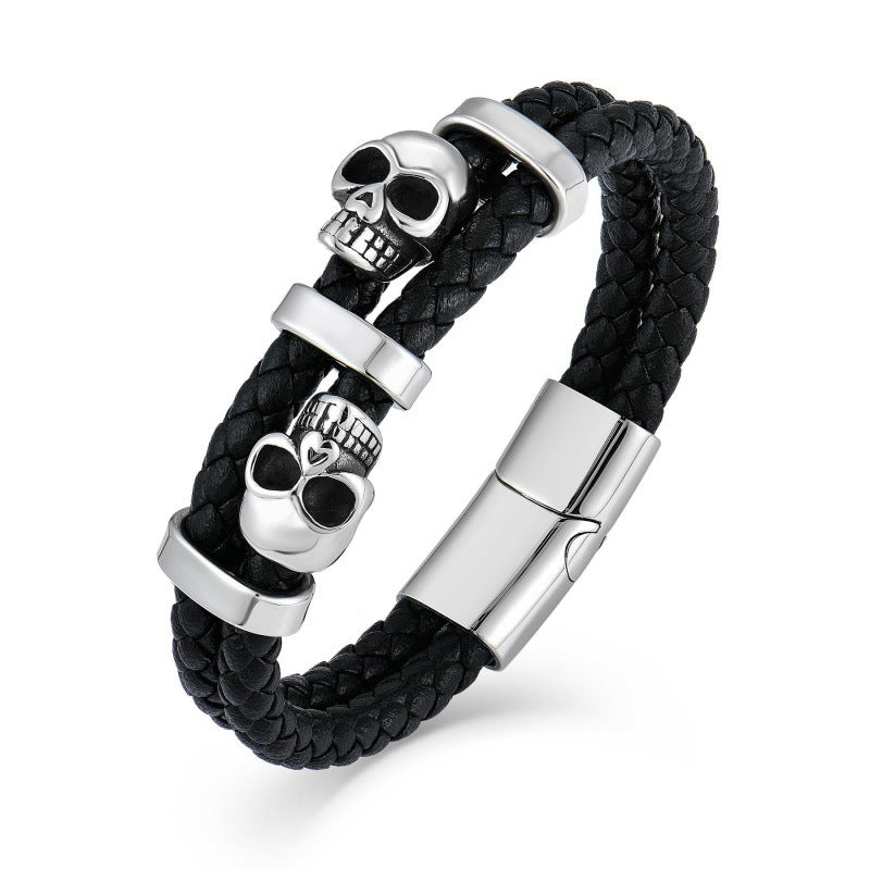 Handmade Halloween Skull Bracelet For Men In Simple Style, Featuring Steel Color PU Leather With Rope Chain Material
