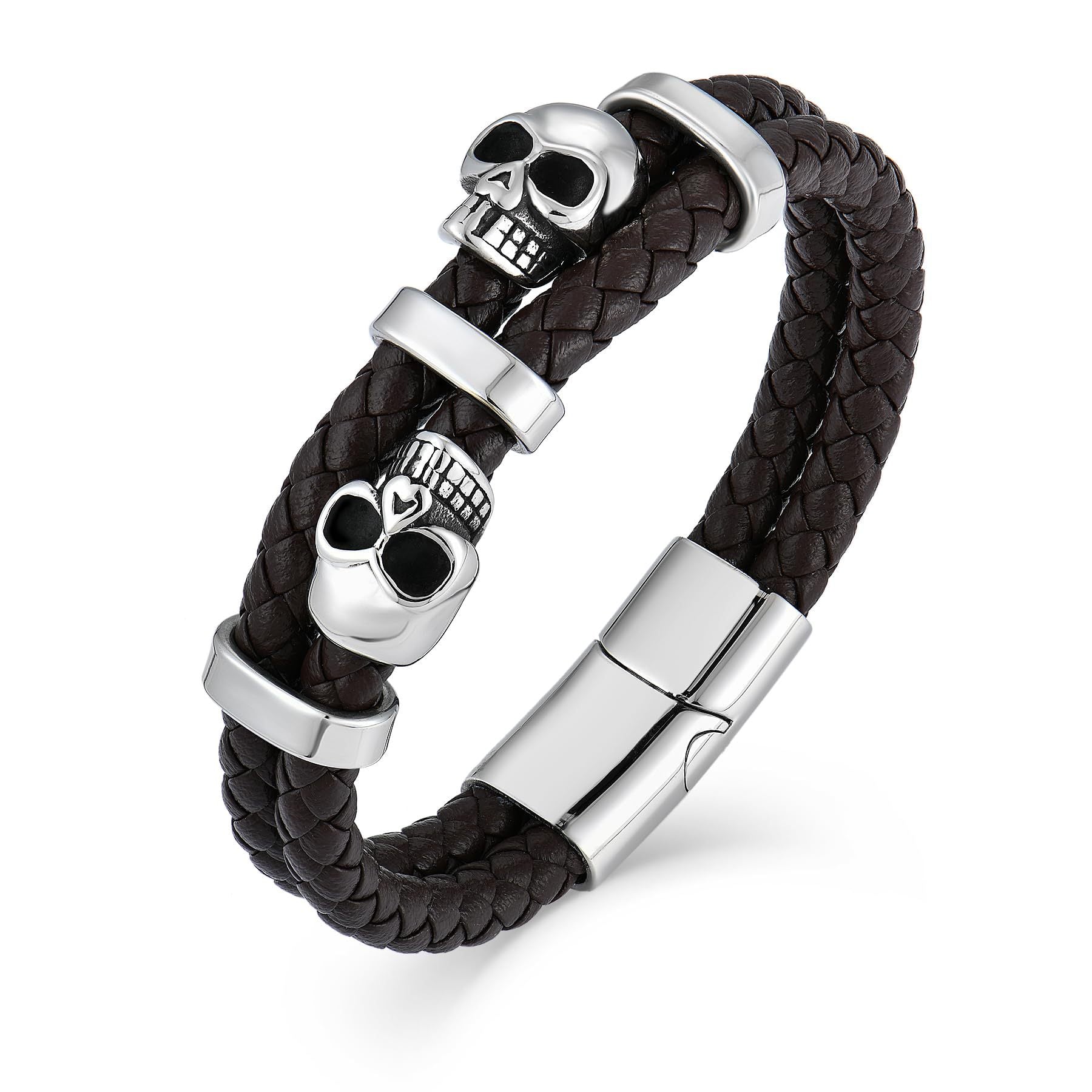Handmade Halloween Skull Bracelet For Men In Simple Style, Featuring Steel Color PU Leather With Rope Chain Material