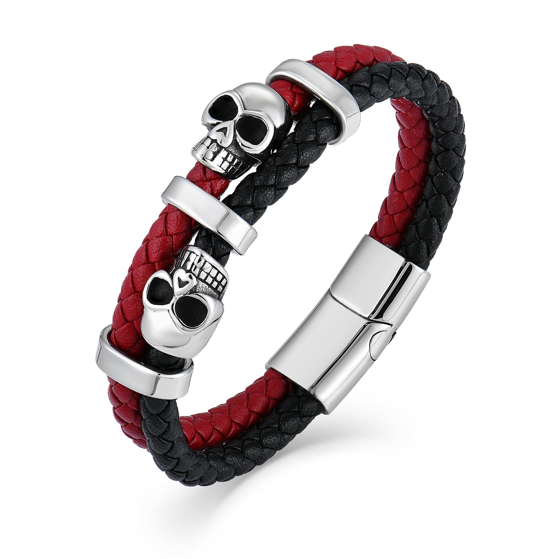 Handmade Halloween Skull Bracelet For Men In Simple Style, Featuring Steel Color PU Leather With Rope Chain Material