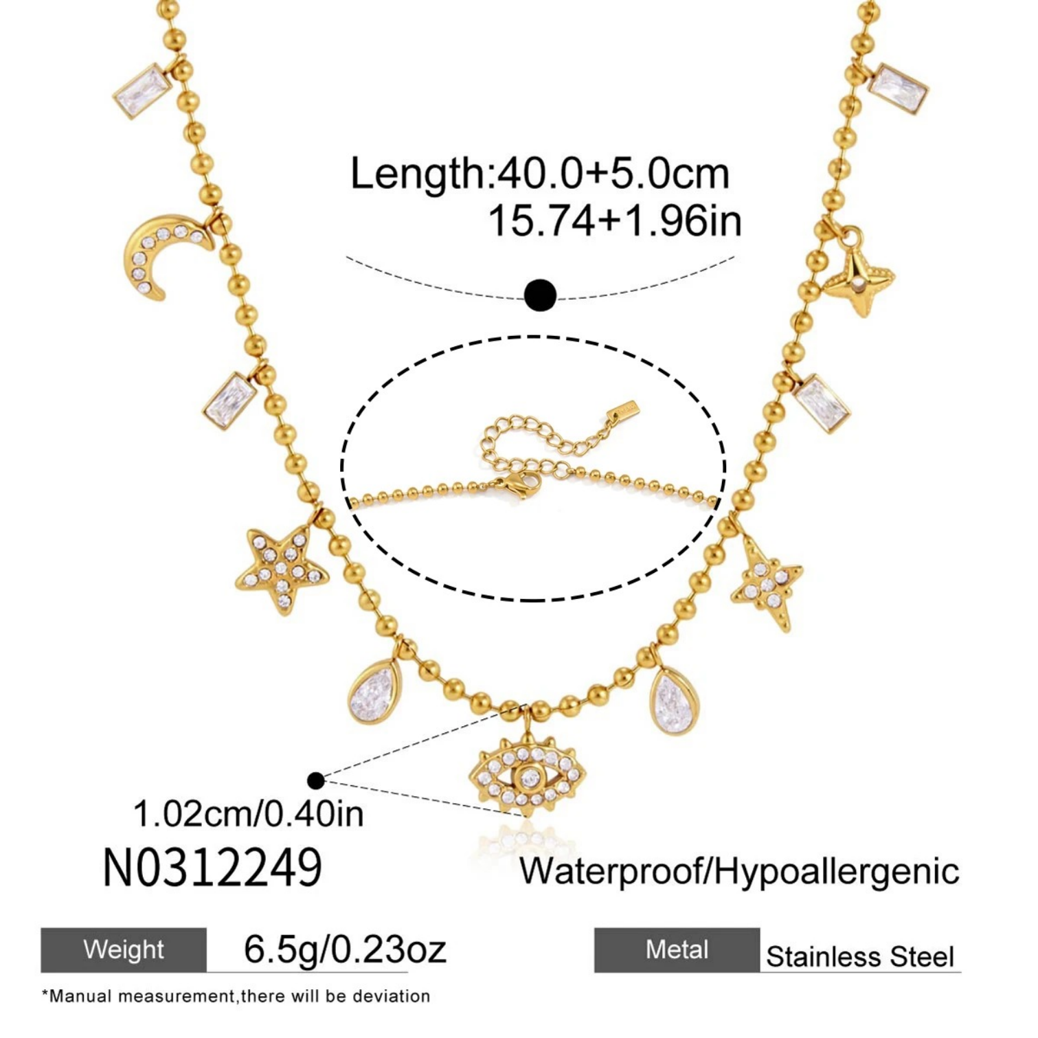 Hypoallergenic Star Necklace For Women In 304 Stainless Steel With 18K Real Gold PVD Coating And Zircon Inlay, Handmade Chain