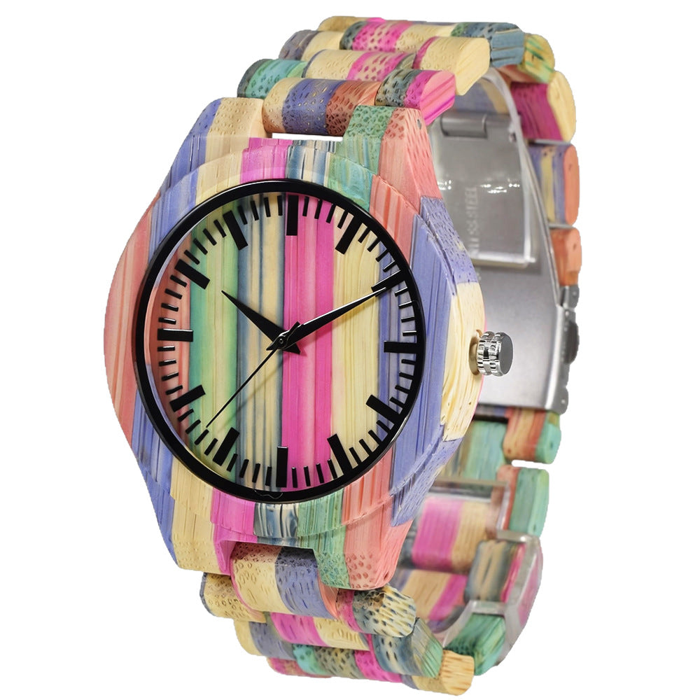 Men's Quartz Watch With Wooden Strap And Folding Buckle Featuring Round Dial And Tempered Glass Mirror