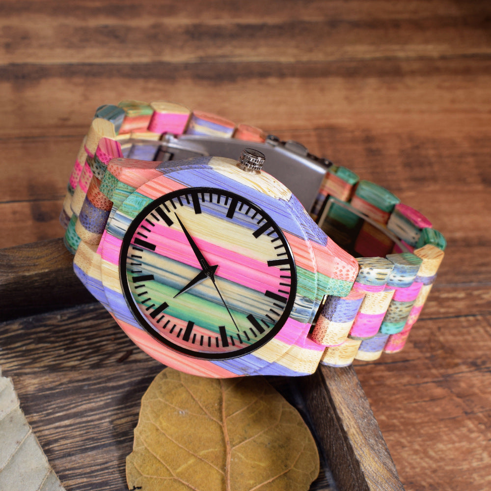 Men's Quartz Watch With Wooden Strap And Folding Buckle Featuring Round Dial And Tempered Glass Mirror