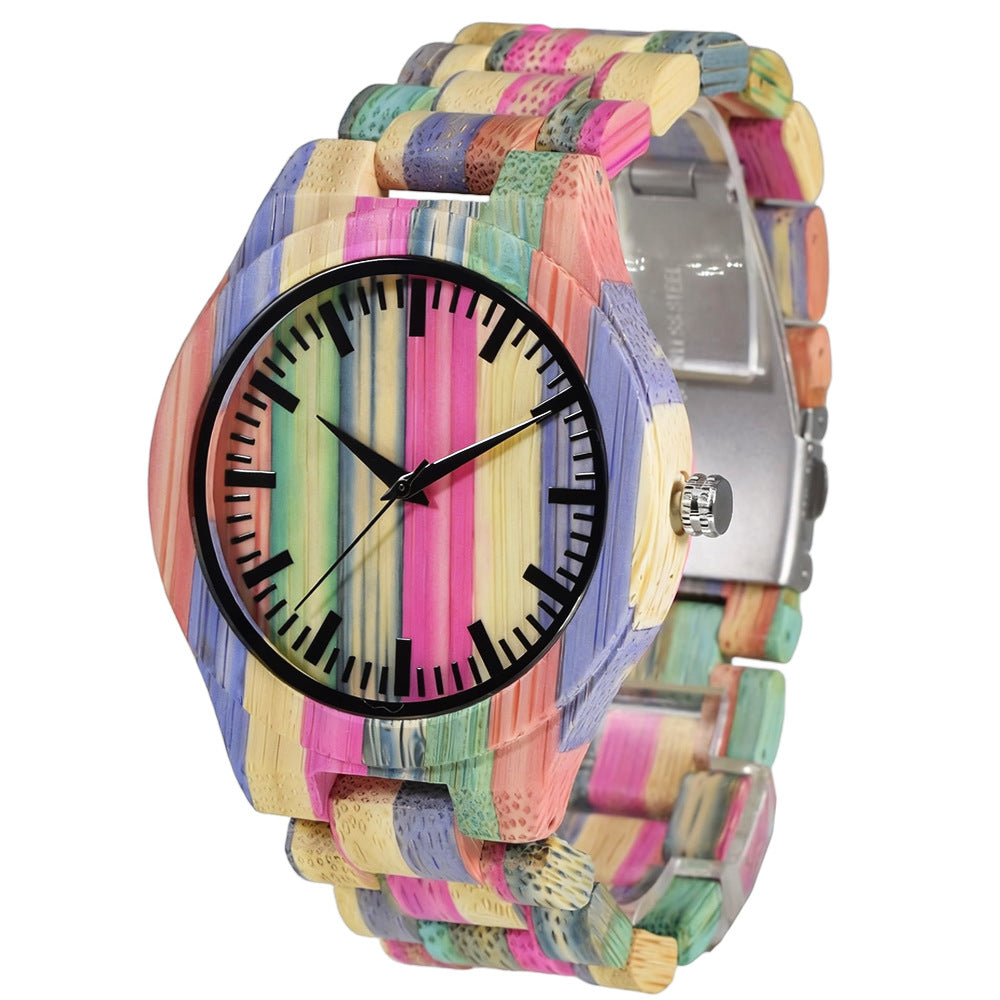 Men's Quartz Watch With Wooden Strap And Folding Buckle Featuring Round Dial And Tempered Glass Mirror