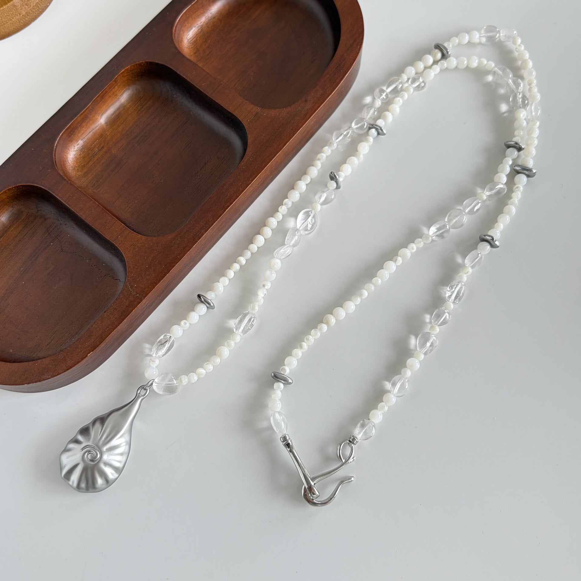 Beaded Brass Long Necklace With Shell Pendant For Women Featuring Shell Inlay On Beaded Chain