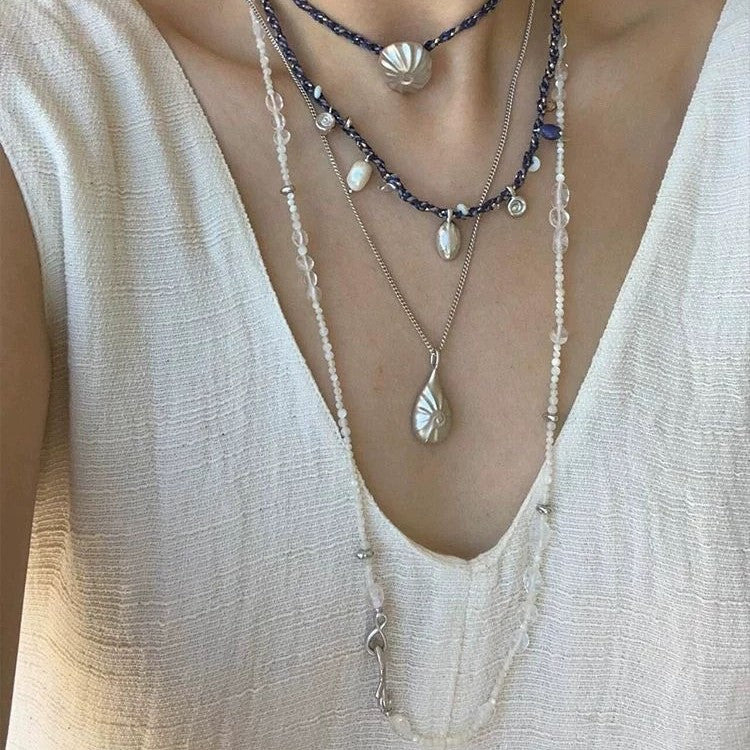 Beaded Brass Long Necklace With Shell Pendant For Women Featuring Shell Inlay On Beaded Chain
