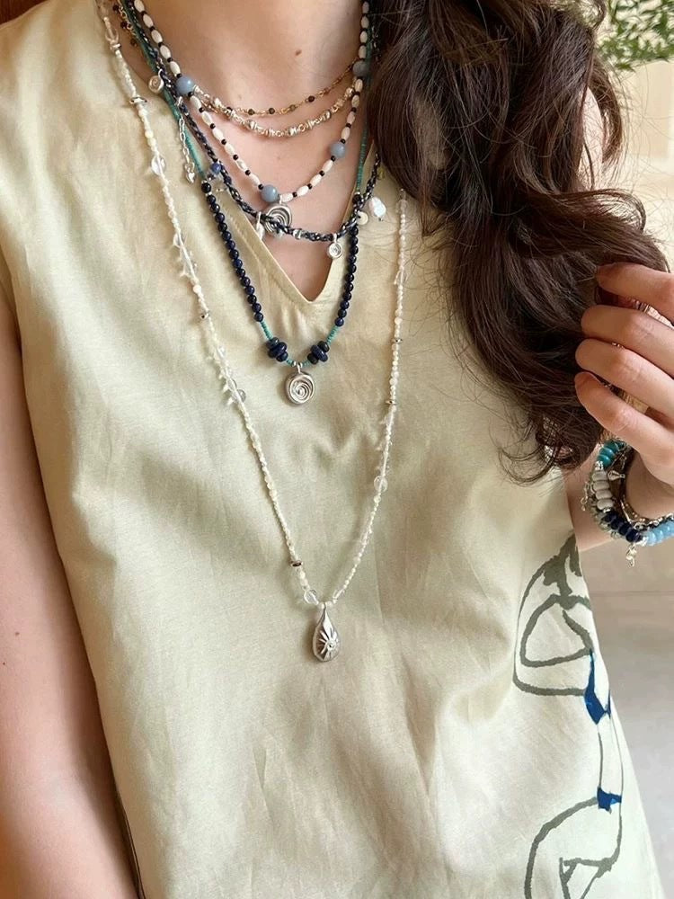 Beaded Brass Long Necklace With Shell Pendant For Women Featuring Shell Inlay On Beaded Chain