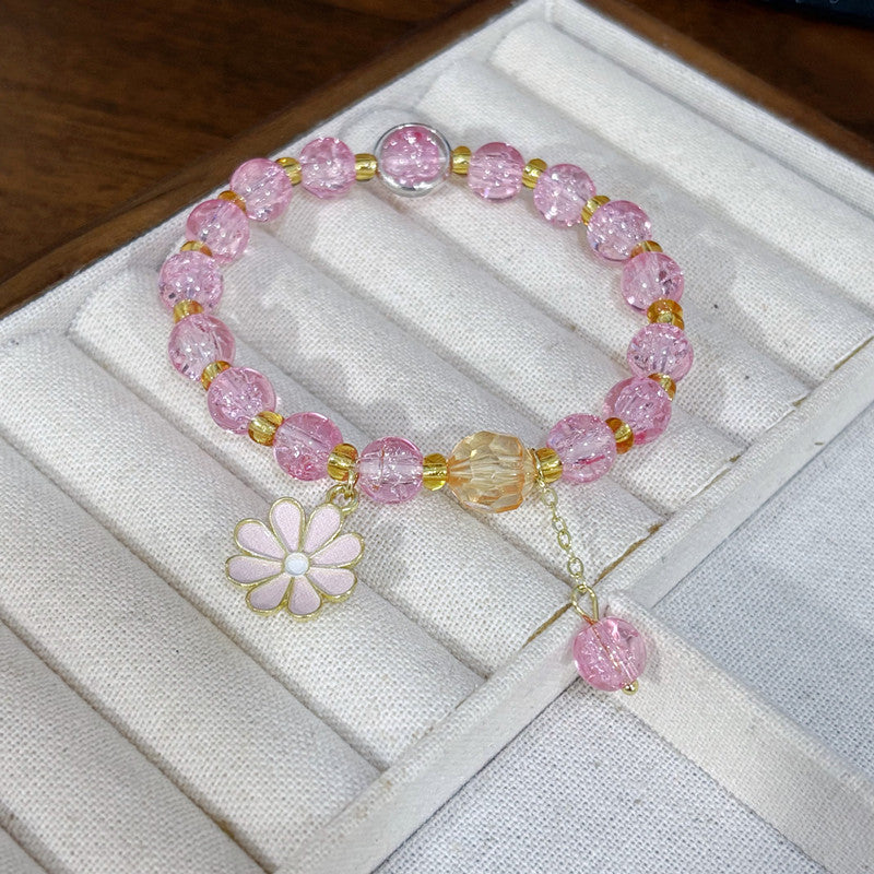 Daisy Beading Bracelet For Women In Natural Pink With Glass Material And Crackle Quartz Inlay, Simple Style
