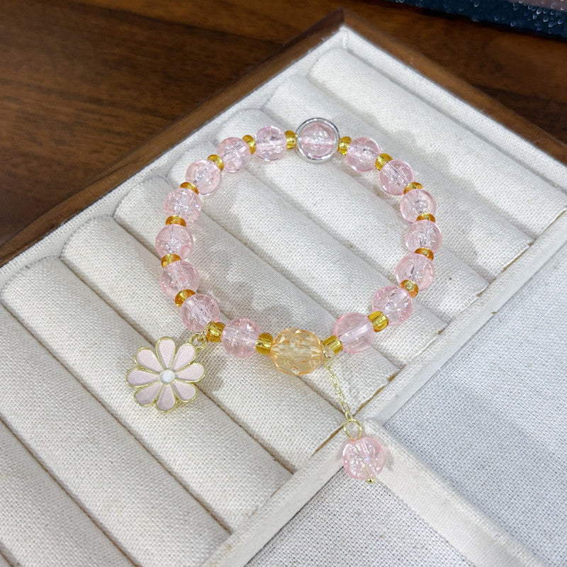 Daisy Beading Bracelet For Women In Natural Pink With Glass Material And Crackle Quartz Inlay, Simple Style