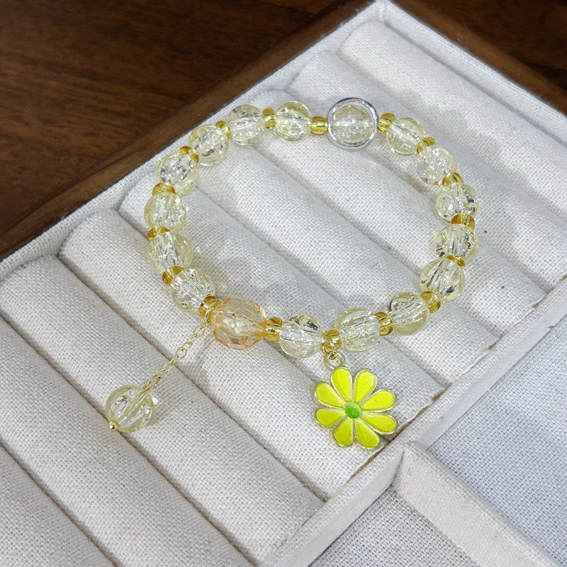 Daisy Beading Bracelet For Women In Natural Pink With Glass Material And Crackle Quartz Inlay, Simple Style