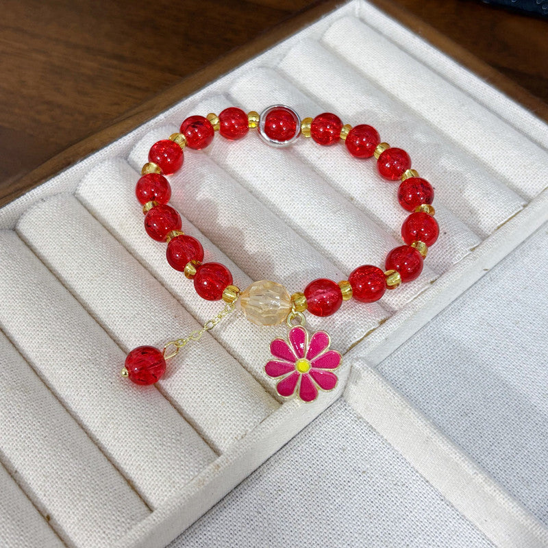 Daisy Beading Bracelet For Women In Natural Pink With Glass Material And Crackle Quartz Inlay, Simple Style