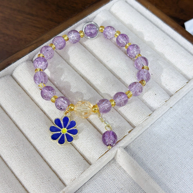 Daisy Beading Bracelet For Women In Natural Pink With Glass Material And Crackle Quartz Inlay, Simple Style
