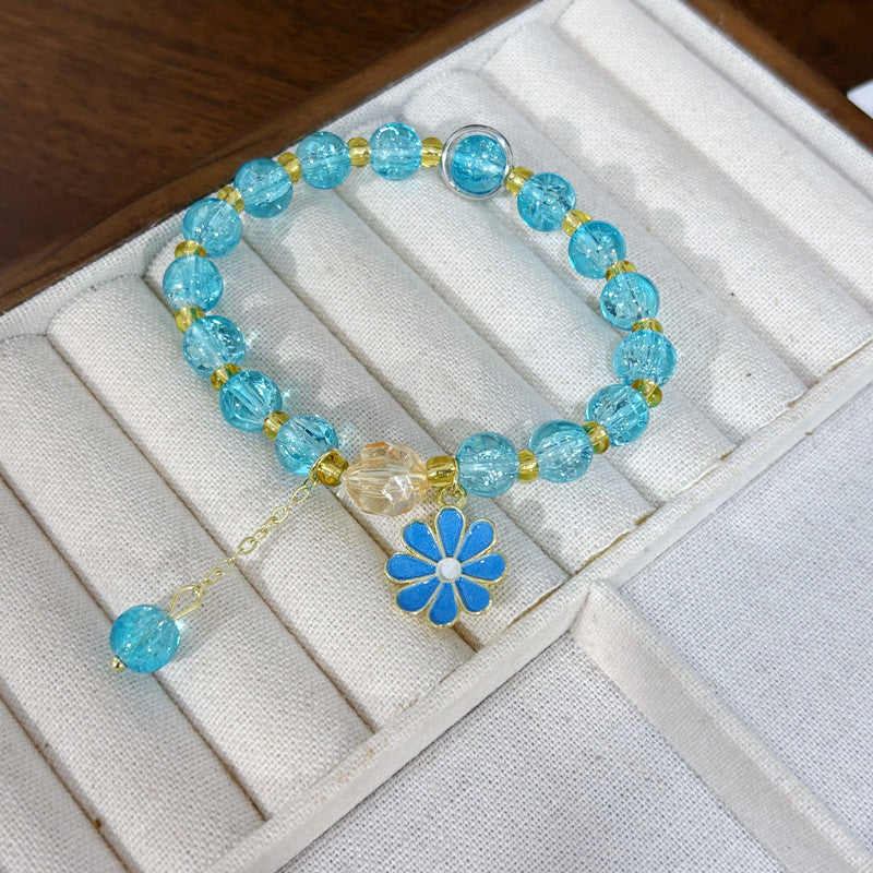Daisy Beading Bracelet For Women In Natural Pink With Glass Material And Crackle Quartz Inlay, Simple Style