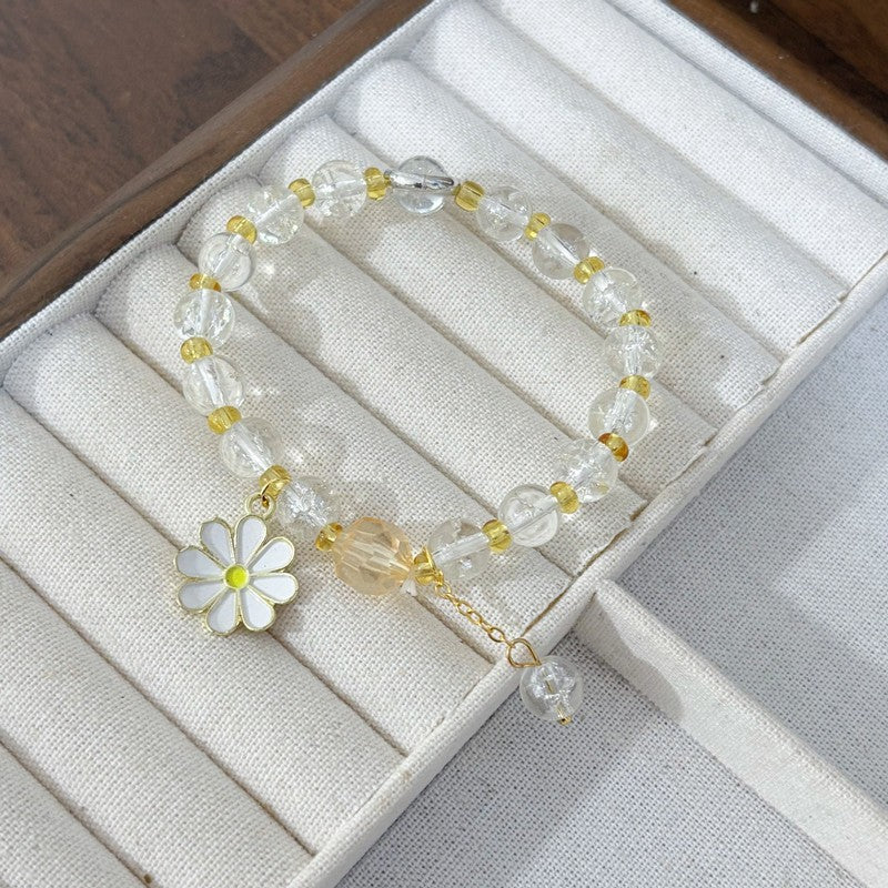 Daisy Beading Bracelet For Women In Natural Pink With Glass Material And Crackle Quartz Inlay, Simple Style