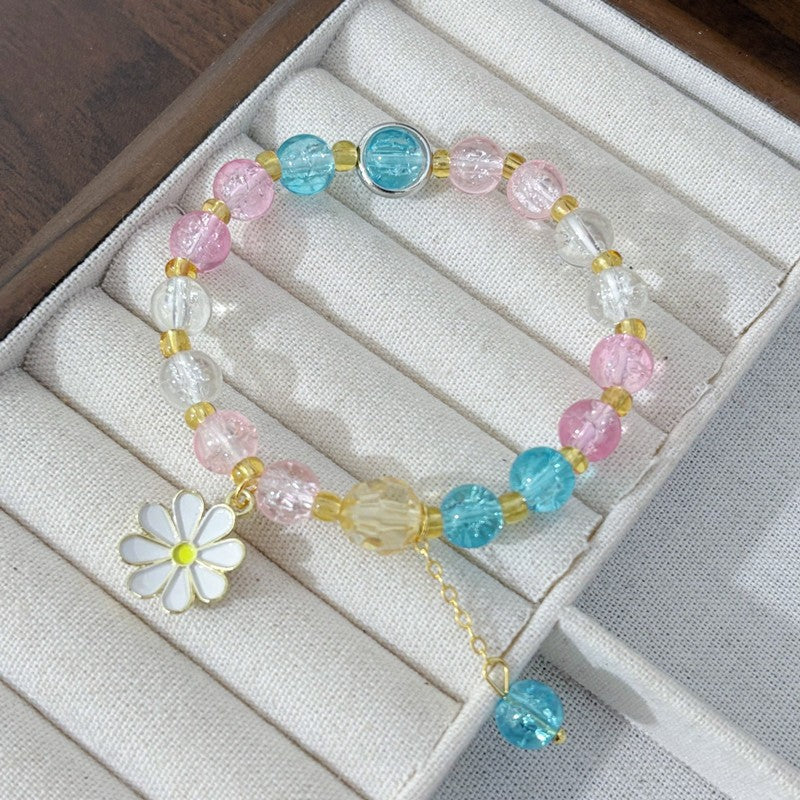 Daisy Beading Bracelet For Women In Natural Pink With Glass Material And Crackle Quartz Inlay, Simple Style